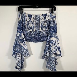 Three days off the shoulder paisley dramatic sleeves crop top